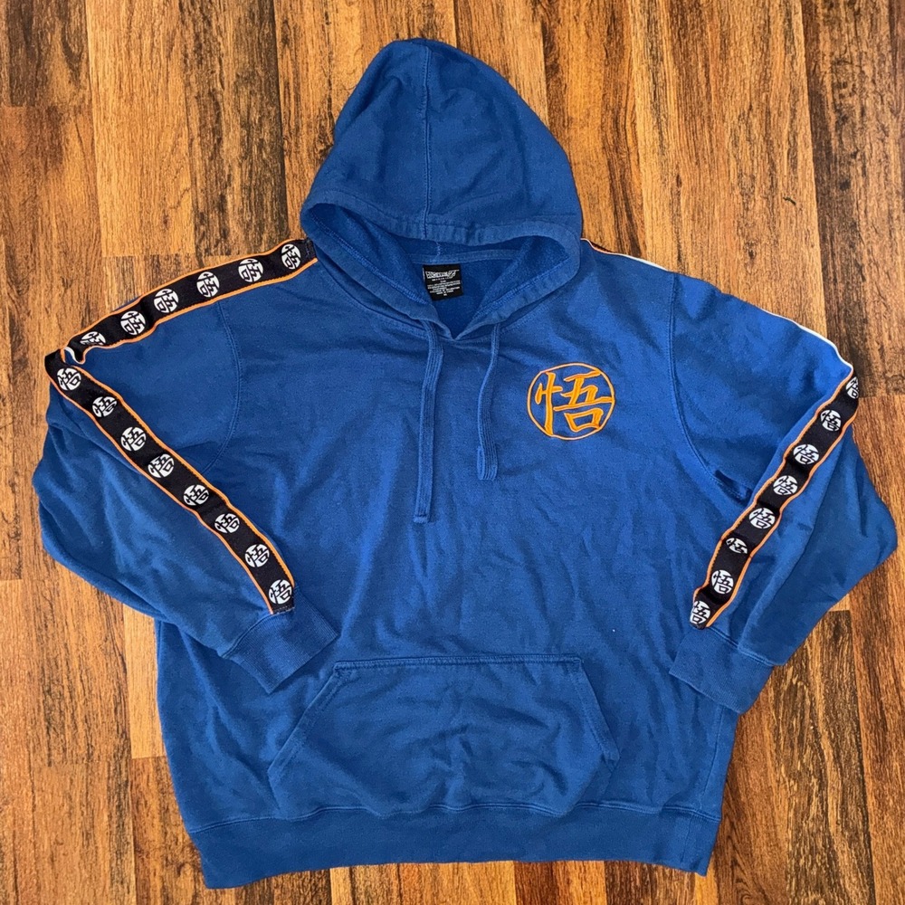 Dragon Ball Z Goku Kanji Blue Hoodie Mens XL Tape Sleeve Graphic Sweatshirt